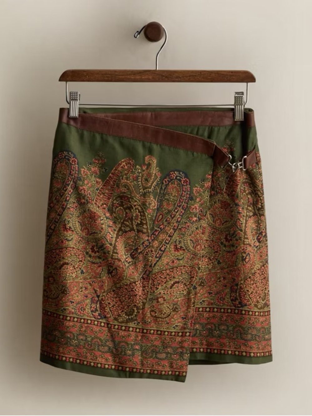 Vintage Ralph Lauren Olive Paisley Wrap Skirt with Brown Trim